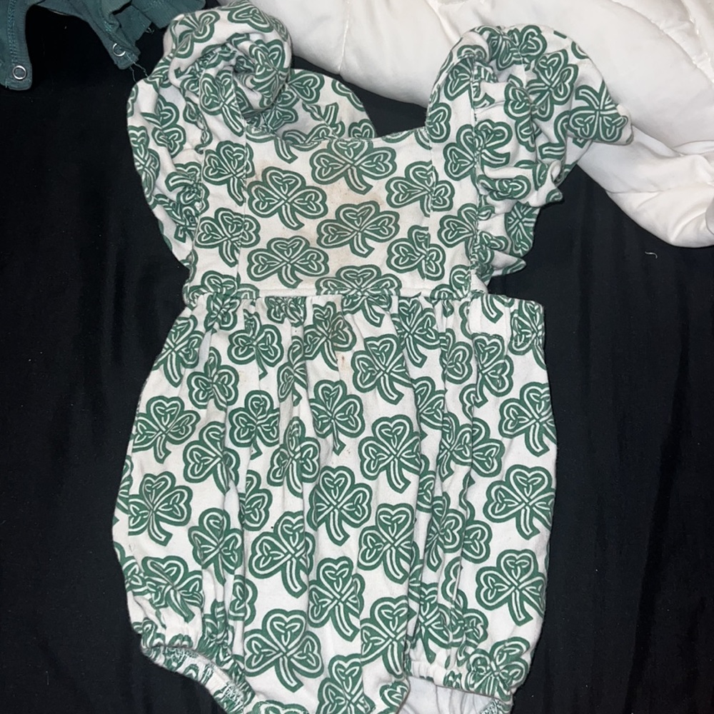 Kate Quinn Baby ruffle strap bubble celtic clover organic cotton romper